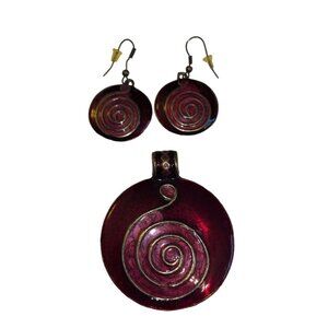 Deep Red Pendant Earrings Swirl Enamel Disc Gold Abstract Statement Set